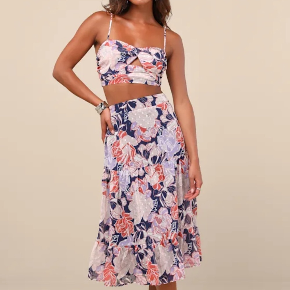 Lulu's Floating Through Flowers Multi Floral Two-Piece Midi Tank/Skirt Set